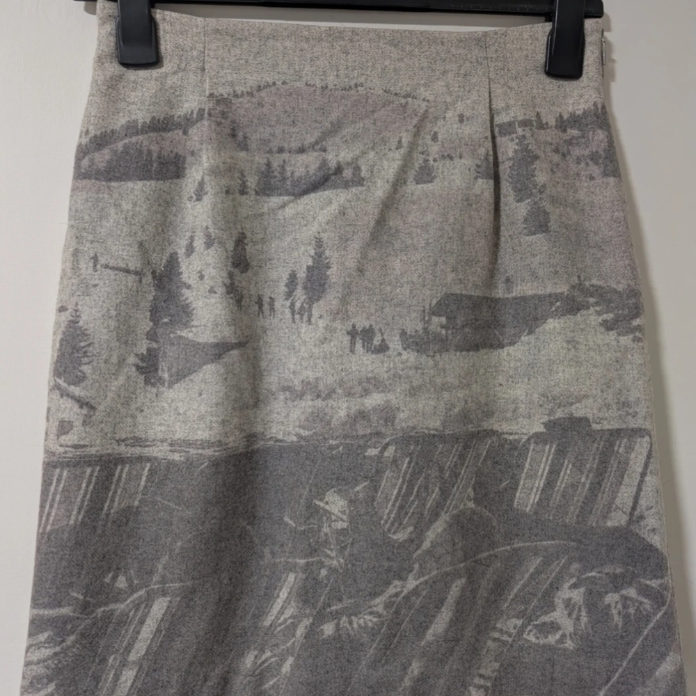 Gray Scenic Print Pencil Skirt